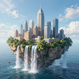 a metropolis built on a island floating above the sea in the sky, waterfalls fall from the island into the sea, by moebius