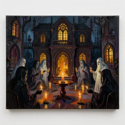 candle lights flicker where the air is deathly still inside the haunted house 🏚 where ghost hosts welcome new victims / residents marc davis art deco art nouveau gothic art oil on canvas photoillustration 1 9 0 0 s photograph flickering light