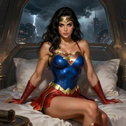 Salmya Hayek as Power Girl, taking a rest in futuristic bedroom, a ruggedly muscled handsome heroine, intricate, elegant, highly detailed, centered, digital painting, artstation, concept art, smooth, sharp focus, illustration, artgerm, donato giancola, Joseph Christian Leyendecker, WLOP, Artgerm, thunder storm