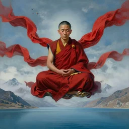 abstract portrait of a tibetan monk in lotus position flying over himalaya mountains lake in weightlessness in liquid traditional red cloth. a lot of flying red fabric around, small foggy and blue gloomy, highly detailed, impressionism abstract surrealism science fiction paint by salvador dali, jeremy geddes