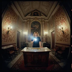 kodak portra 4 0 0, wetplate, flashlight, 8 mm extreme fisheye, award - winning portrait by britt marling of a baroque sacristy in italy, picture frames, shining lamps, haze, dust, furniture, wallpaper, carpet, interior, muted colours