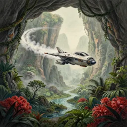 a beautiful pencil artwork of a futuristic scifi plane flying through a prehistoric jungle cave leaving a trail of steam, mountains, vines, water, red shrubs, lush flora, volumetric lighting, haze, 8 k