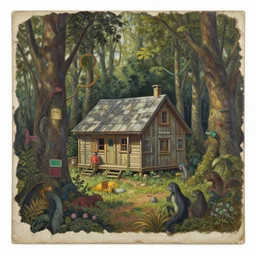 a cabin in the woods with creatures by matthew forsythe, detailed, intricate, torn paper edges, oil on canvas by chuck groenink, moebius