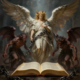 book of enoch, angels capture demons with huge chains and send them to hell, atmospheric lighting. highly detailed digital painting, sharp focus by dore and bouguereau and ross tran and dan mumford, trending on artstation