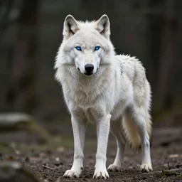 hyper - realistic portrait of a white wolf with blue eyes, full body photograph, photorealism, portrait photography, volumetric lighting, insanely detailed, artstation, 4 k, 8 k