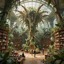 Matte painting of the interior view of giant botanical museum. Living biological lovecraftian architecture. Library with students. Fantastical, detailed digital art trending in artstation