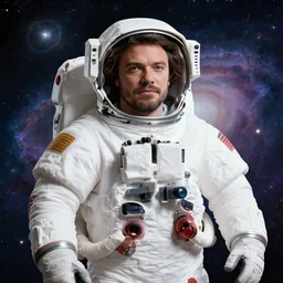 jack black as an astronaut, hd, space nebula background, retro futuristic, stunning