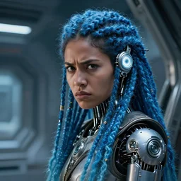 beautiful futuristic himba woman frowning inside a spaceship, glowing white mechanical eye, robotic prosthetic arm, blue glass dreadlocks, hyperrealistic, sci - fi, dramatic lighting, intricate, soft focus