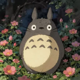 friendly spirit creature in the flowers at night made by studio ghibli, beautiful scene, detailed, high quality, high details, smooth, 8 k,