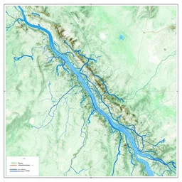 detailed topographic map of the willamette river and its tributaries rendered as a blue and green drawing