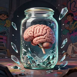 illustration of beautiful brain escaping a broken jar, shards of glass, composition accidental renaissance golden ratio, cinematic, by sachin teng and sergey kolesov and ruan jia and heng z and wlop. graffiti art, scifi, fantasy, hyper detailed. octane render. concept art. trending on artstation