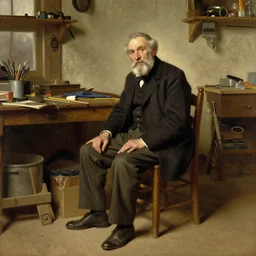 a old man sitting on a chair in workshop, art by j. c. leyendecker