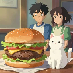 burger & cat & photo, artstation, style of jesper ejsing, by rhads, makoto shinkai and lois van baarle, ilya kuvshinov, rossdraws