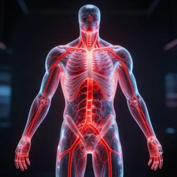 long shot of a see through torso display of a bio - electrical humanoid, glowing red veins, centerpiece symmetry, hyper realistic, proportional composition, volumetric random lighting in the background, studio lighting, 8 k