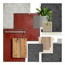 material mood board combining concrete, red painted metal, aged oak, plants, dark grey carpet, collage, architectural finishes, pinterest, trendy, expressive, warm, eye catching, interior design, industrial design, samples, paint, carpet, wood, plants