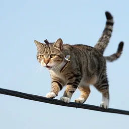 a cat walking on an electrical line holding a sword with its paws