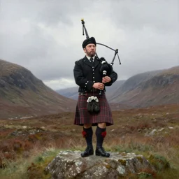 a scottish bagpiper standing on a rock in the scottish highlands. windy, cloudy day. highly detailed painting by caspar david friedrich.