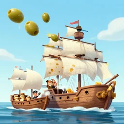 olive cannonballs flying from a cheese pirate ship to a bread merchant ship