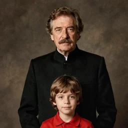 a older man with brown hair, moustache and a black fedore standing with a kid with brown hair and red shirt in the 1970s
