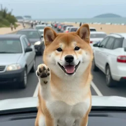 shiba inu waving good-bye to bumper-to-bumper beach traffic
