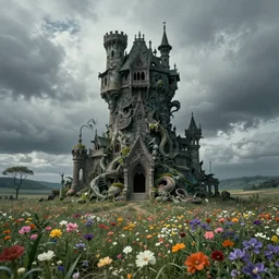 A very intrincated and ominous tall castle stands in the middle of an plain covered with colorful flowers, krull film