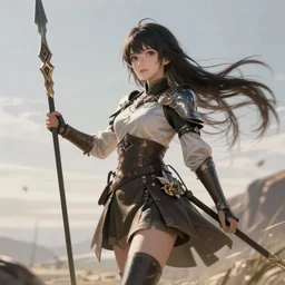 wideshot, hyper detailed anime girl holding spear in the medieval era, dynamic lighting, photo realism, hyper realistic, 4k detailed, concept art