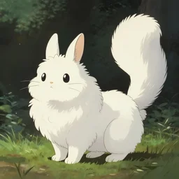 digital render in the style of Studio Ghibli of a bunny-cat hybrid with long ((((curly)))) white fluffy fur and extra long forked tail, by Hayao Miyazaki