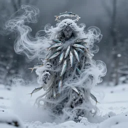man made of swirling smoke and wind - blown snow, wearing a halo of minnows, photorealistic, highly detailed
