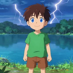 a very cool anime boy, full body, sharp brown hair, sky blue eyes, full round face, big smile, green shirt, brown shorts, front view, summer lake setting, cinematic lightning, medium shot, mid-shot, highly detailed, trending on Artstation, Unreal Engine 4k, cinematic wallpaper by Stanley Artgerm Lau, WLOP, Rossdraws, and Sakimichan