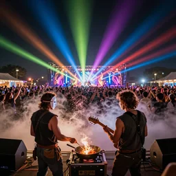 scandy and arender, cooking it up, hot hot hot, splash, ahhhhhhh, roomies, bohemian digitals, playing a live gig at ozora festival, night time, colored lights, stroboscope, fog machine, no faces visible, with masks, huge crowd, ecstatic, photorealistic photography