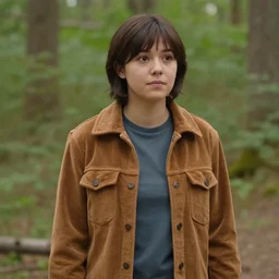 a coherent photo of wendy corduroy in real life, taken in the woods with dipper in casual look