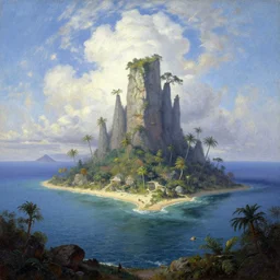 a distant fantasy tropical island, artstation, oil painting, painted ruan jia raymond swanland lawrence alma tadema zdzislaw beksinski norman rockwell tom lovell alex malveda greg staples