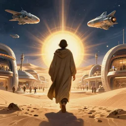 centered portrait of illustration, detailed, a person with a cloak walking through the desert mall, volumetric, sci fi, [ space ships in the sky ] fantasy scheme | coherence | art by jean giraud and moebius