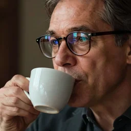 a close up of a middle aged man sipping coffee with a computer screen reflected in his glasses