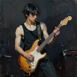 large diagonal brush strokes, abstract dark painting of a young korean male musician wearing black tank top holding a telecaster!!! electric guitar!! in a dark room, thick flowing dramatic brush strokes, matte colors, abstract, impressionist, motion, trending on artstation