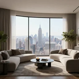ultra realistic 3 d living room room render with floor to ceiling windows and view of new york, digital photography, octane, unreal engine