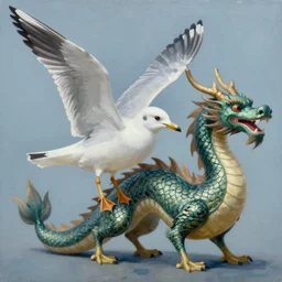 painting of hybrid seagull!!! and dragon, intercrossed animal, by zdzislaw beksinski, by lewis jones, cold hue's, warm tone gradient background, concept art, digital painting