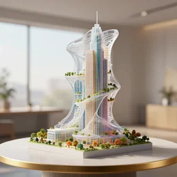 3 d printed physical model that is organic flowy including more than one city into one vertical building that sits on a table in a room with a view back and golden rim drame in the bottom, multiple stories, transparent, with vegetation, colorful, eye - level view, 8 0 k, octane render, highly detailed 3 d render,