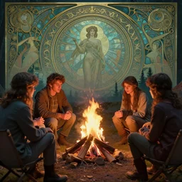 friends around campfire by hans zatzka and rebecca guay and ( ( lisa frank ) ), art nouveau, 8 k, sharp focus, lighting study, octane render