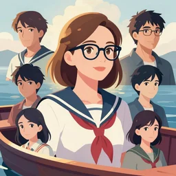 petite woman on a boat, dark blonde, sailor, glasses, portrait, clean cel shaded vector art. shutterstock. behance hd by lois van baarle, artgerm, helen huang, by makoto shinkai and ilya kuvshinov, rossdraws, illustration