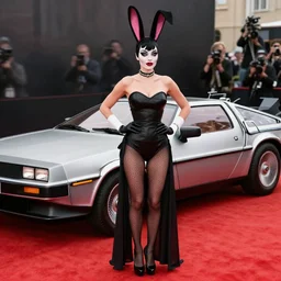 red carpet photos of Vin Diesel dressed as Jessica Rabbit in front of a DeLorean