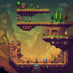 beautiful screenshot of a dieselpunk platformer level design, sidescrolling, 2 d, orthographic, badlands, ori and the blind forest, cotw, trine 3, high quality, unreal 5, pinterest