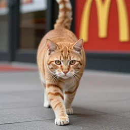 an orange tabby cat walking through a mcdonalds, high quality 4k camera