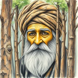 camouflage art ; the trees make the face of a wise old man in a turban with a long beard dreamy surrealism, masterpiece, golden mean, line art color pencil, watercolor, award winning by bev doolittle