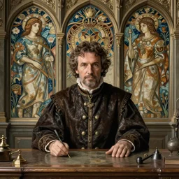 gerard chaillou sit behind desk, medieval, intricate, elegant, highly detailed, digital painting, artstation, concept art, smooth, sharp focus, illustration, artgerm, rutkowski, mucha