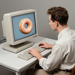 an early 1950s photo of someone sitting at a computer making a donut in blender3d