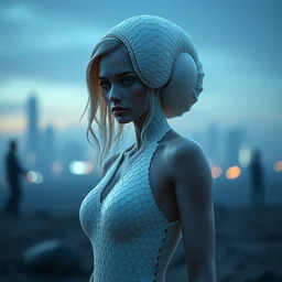 cinestill 5 0 d portrait shot of a dystopian beautiful android snail shell, muscular, hybrid total body by flora borsi, in a twilight scenic dystopian environment, intricate white scales hair and dress 1 7 0 0, elegant, highly detailed, digital photo art, artstation, sharp focus, 8 k, 3 d, head in focus, tonal matt tomasz alen kopera, peter