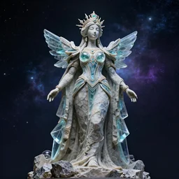 futuristic statue of cosmic space empress made of stone and glass, gorgeous