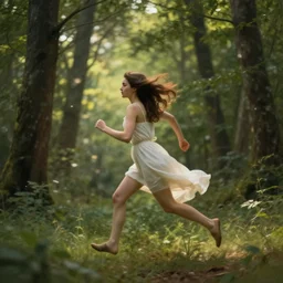 a woman running, forest light, romanticism art style