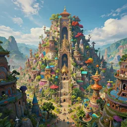 a very beautiful crazy colorful landscape photo of a secret civilization, hyperdetailed, cinematic masterpiece